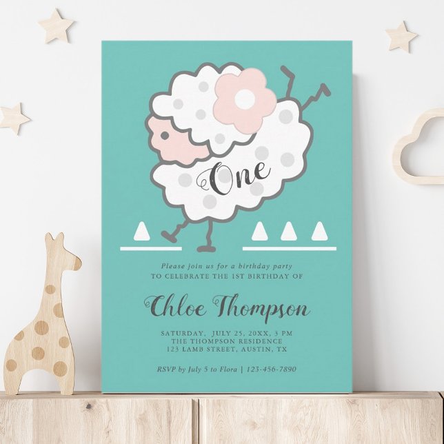 Simple Cute Jumping Lamb Cyan & White 1st Birthday Invitation (Creator Uploaded)