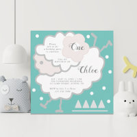 Simple Cute Jumping Lamb Cyan & White 1st Birthday