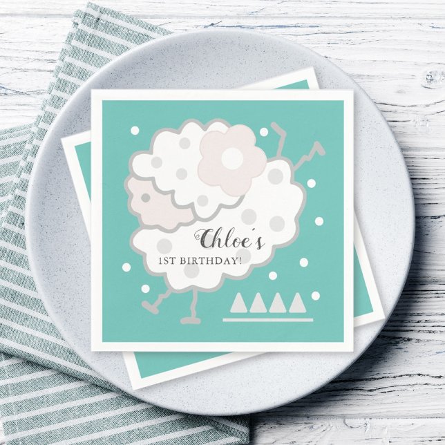 Simple Cute Jumping Lamb Cyan & White 1st Birthday Napkin (Creator Uploaded)