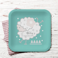 Simple Cute Jumping Lamb Cyan & White 1st Birthday
