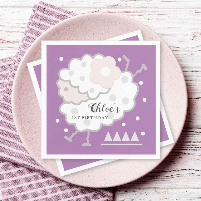 Simple Cute Jumping Lamb Lavender 1st Birthday  Napkin (Creator Uploaded)