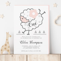 Simple Cute Jumping Lamb Pink & White 1st Birthday