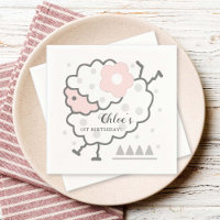 Simple Cute Jumping Lamb Pink & White 1st Birthday
