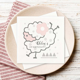 Simple Cute Jumping Lamb Pink & White 1st Birthday Napkin