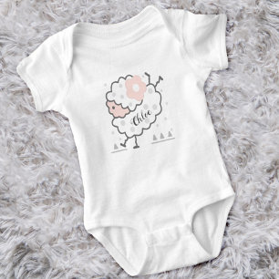 Simple Cute Jumping Lamb Pink & White Baby Bodysuit