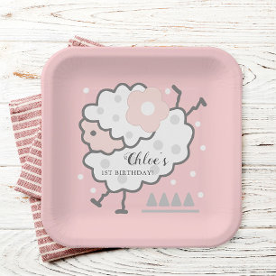 Simple Cute Jumping white Lamb 1st Birthday Pink Paper Plate
