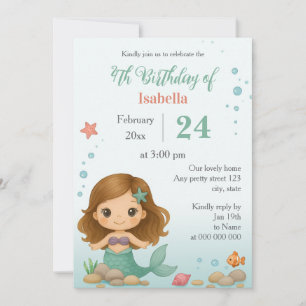 Simple cute little mermaid kids birthday invitation