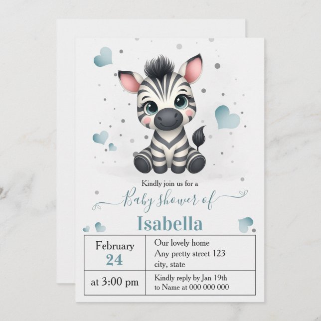 Simple cute little zebra baby shower invitation (Front/Back)