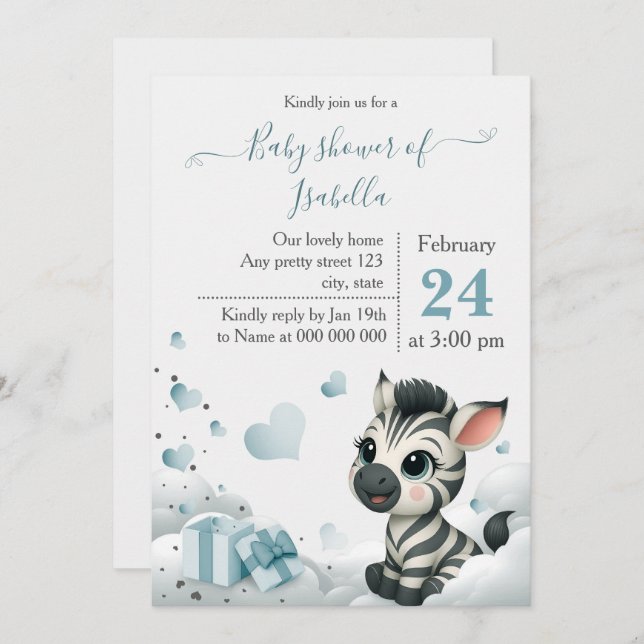 Simple cute little zebra baby shower invitation (Front/Back)