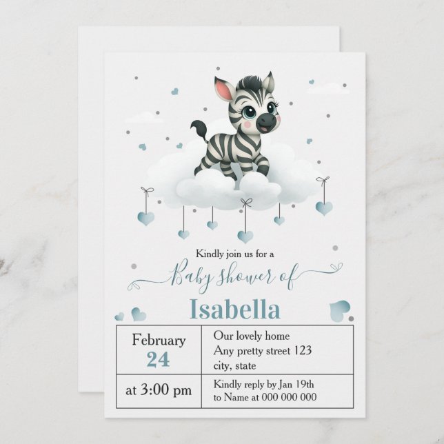 Simple cute little zebra baby shower invitation (Front/Back)
