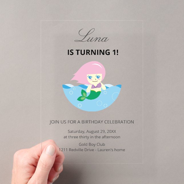 Simple Cute Mermaid Queen Birthday  Acrylic Invitations (Insitu (Handheld))
