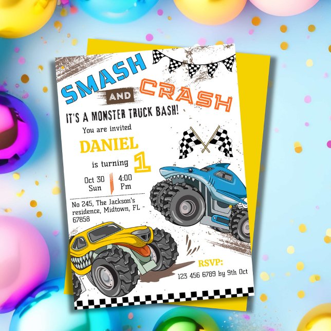 Simple cute modern monster truck kid 1st birthday invitation (Creator Uploaded)