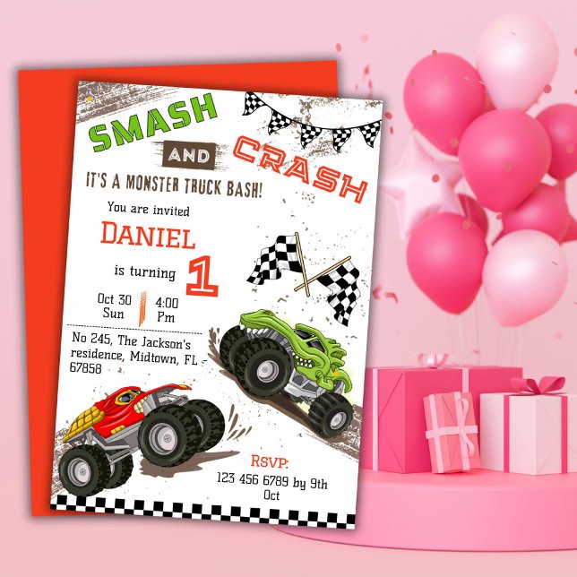 Simple cute modern monster truck kid 1st birthday  invitation (Creator Uploaded)