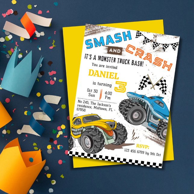 Simple cute modern monster truck kid 3rd birthday invitation (Creator Uploaded)