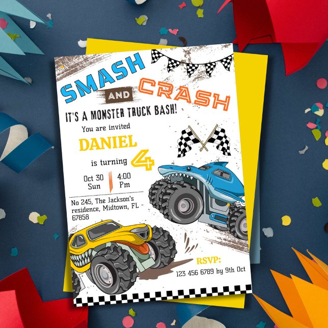 Simple cute modern monster truck kid 4th birthday invitation (Creator Uploaded)