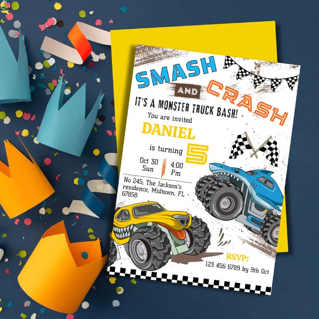 Simple cute modern monster truck kid 5th birthday invitation (Creator Uploaded)