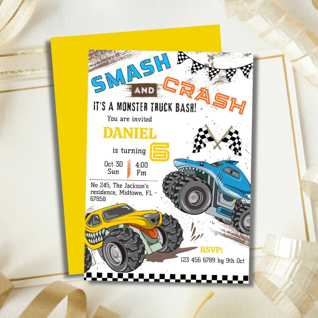 Simple cute modern monster truck kid 6th birthday invitation (Creator Uploaded)