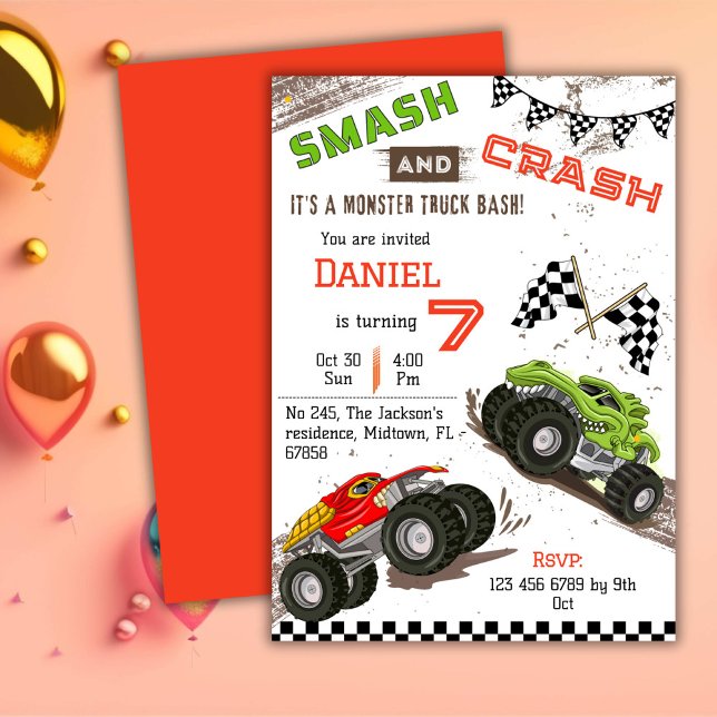 Simple cute modern monster truck kid 7th birthday  invitation (Creator Uploaded)