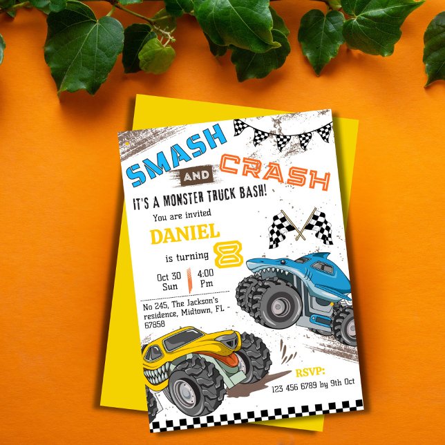 Simple cute modern monster truck kid 8th birthday invitation (Creator Uploaded)