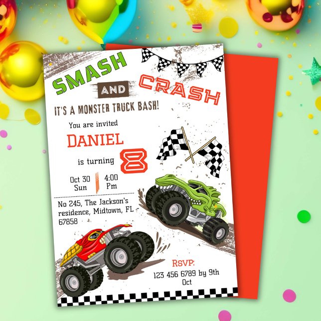 Simple cute modern monster truck kid 8th birthday invitation (Creator Uploaded)