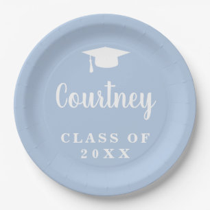 Simple Cute Mortar Board Pastel Blue Graduation Paper Plate