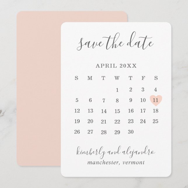 Simple Cute Peach Heart Calender Wedding Save The Date (Front/Back)
