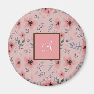 Simple Cute Pink Flower Bloom Boho Monogram  Magnet