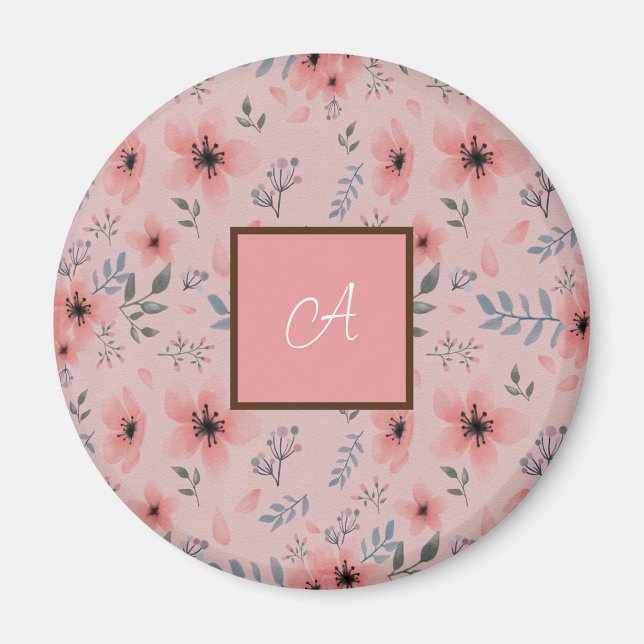 Simple Cute Pink Flower Bloom Boho Monogram  Magnet (Front)