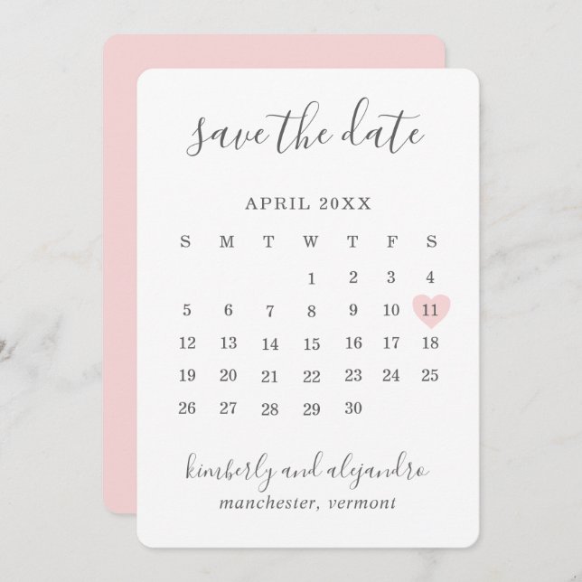 Simple Cute Pink Heart Calender Wedding Save The Date (Front/Back)
