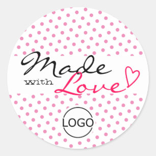 Simple Cute Polka Dots Made with Love Heart Pink Classic Round Sticker