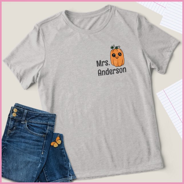 Simple Cute Pumpkin Teacher Name Pocket Print Tri-Blend Shirt (Creator Uploaded)