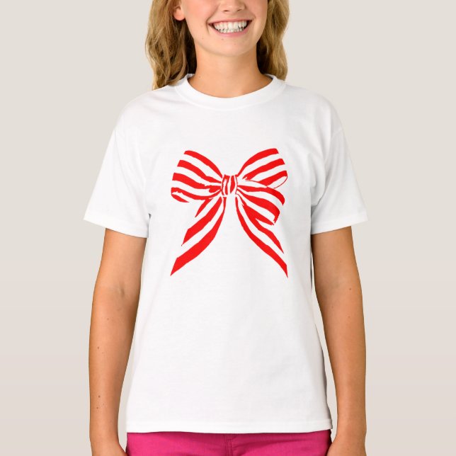 Simple cute red striped bow T-Shirt (Front)