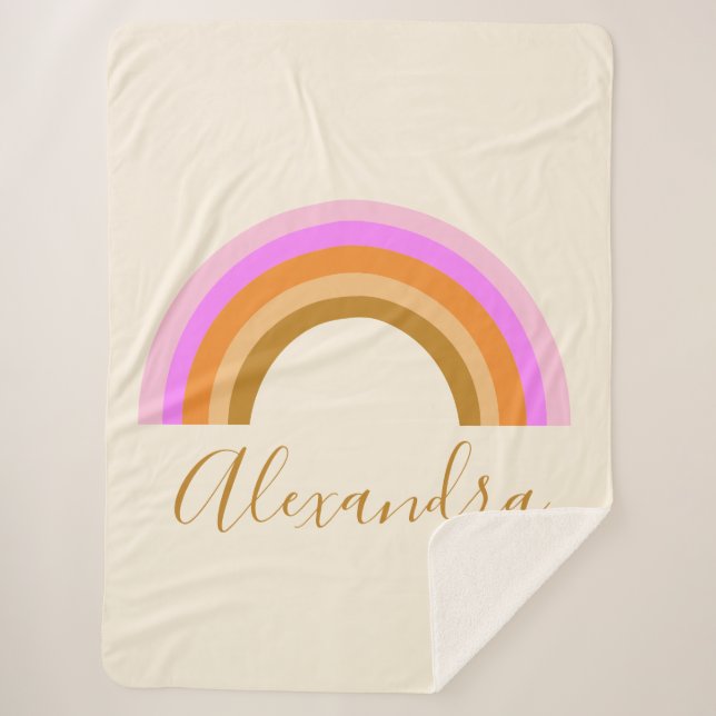Simple Cute Retro Rainbow Personalised Script Name Sherpa Blanket (Front)