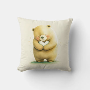 Simple Cute Sad Bear Holding a Heart Artwork Cushion