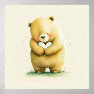 Simple Cute Sad Bear Holding a Heart Artwork Poster
