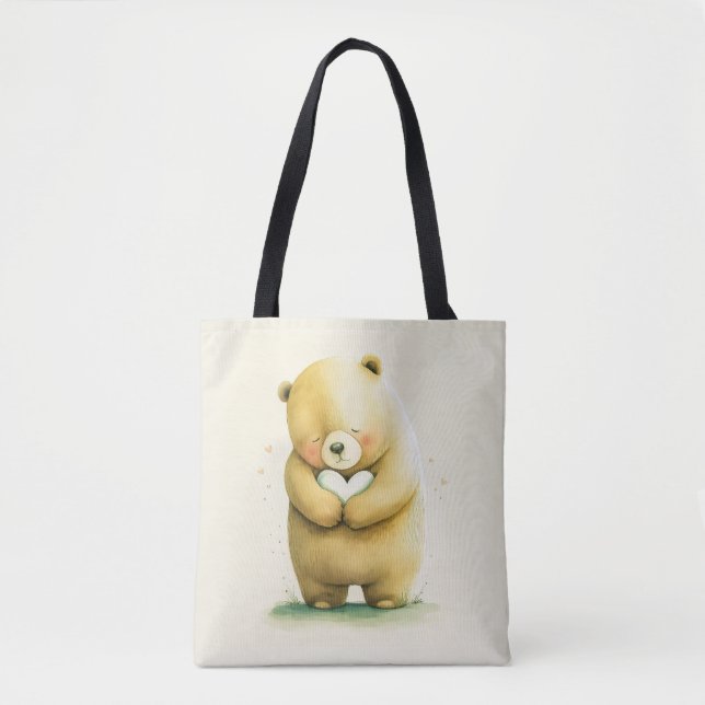 Simple Cute Sad Bear Holding a Heart Artwork | Tote Bag (Front)