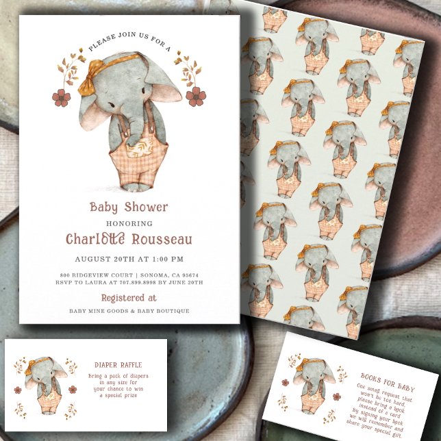 Simple Cute Watercolor Elephant Girl Baby Shower Invitation (Creator Uploaded)