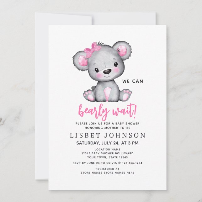 Simple Cute We Can Bearly Wait Pink Baby Shower Invitation (Front)