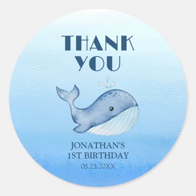 Simple Cute Whale Blue Sea 1st Birthday Thank You Classic Round Sticker (Front)