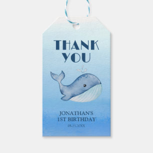 Simple Cute Whale Blue Sea 1st Birthday Thank You Gift Tags