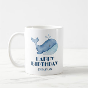 Simple Cute Whale Blue Sea Happy Birthday  Coffee Mug