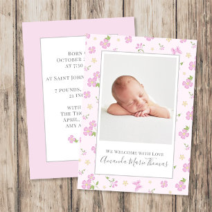 Simple Cute Whimsical Floral Photo Pink Girl Announcement