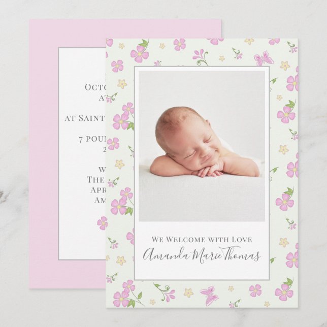 Simple Cute Whimsical Floral Photo Pink Girl Announcement (Front/Back)