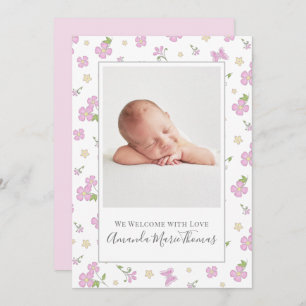 Simple Cute Whimsical Floral Photo Pink Girl Announcement