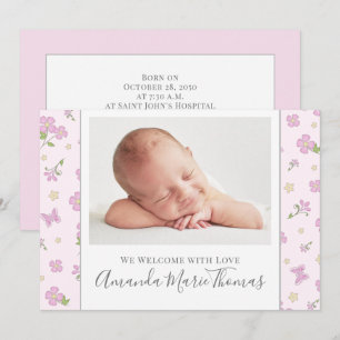Simple Cute Whimsical Floral Photo Pink Girl Announcement
