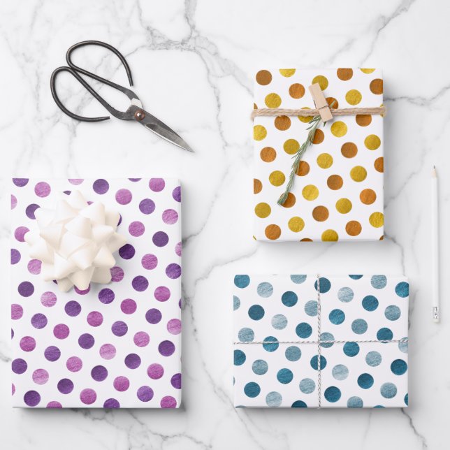 Simple Cute White Blue Gold Purple Polka Dots Xmas Wrapping Paper Sheet (Front)