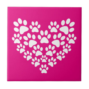 Simple Cute White Bright Pink Paw Print Heart Tile