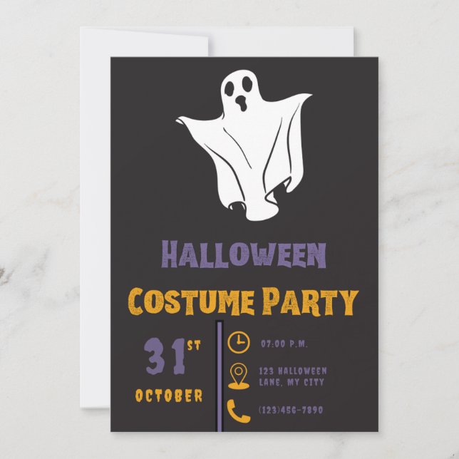 Simple Cute White Ghost Black Halloween Invitation (Front)