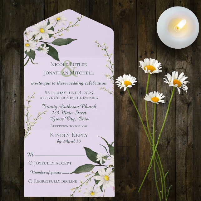 Simple Daisies on Pale Lavender All In One Invitation (Also available with QR code)