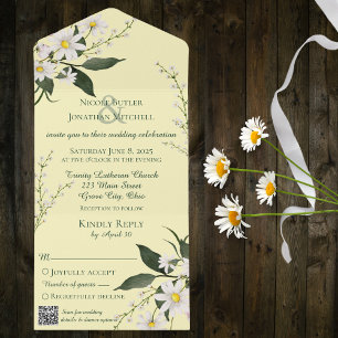 Simple Daisies on Pale Yellow with QR Code All In One Invitation